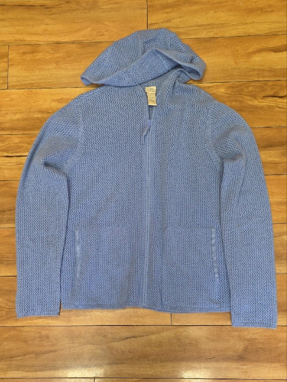 J. Jill 100% Cashmere Full Zip Hoodie Waffle Knit Blue Sweater Size Small